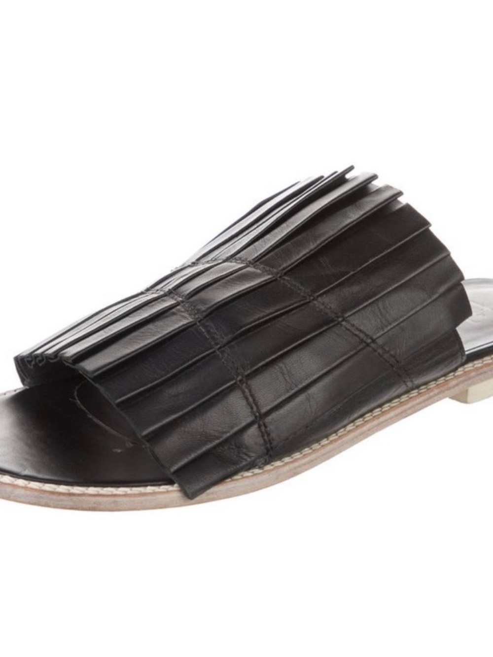 Tibi Black Leather Pleated Accent Slides